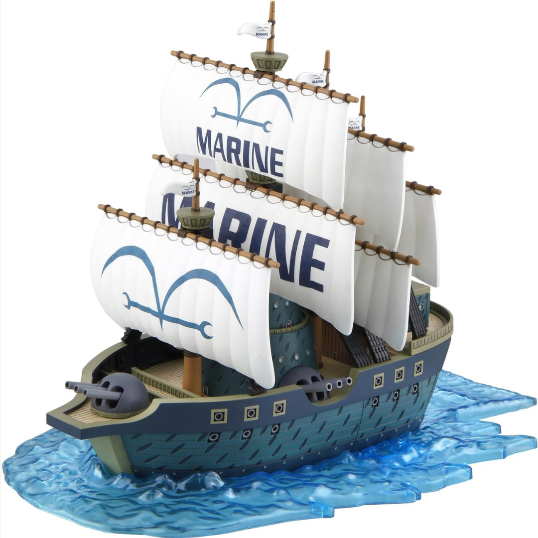 Scatola modellino Bandai Marine Warship One Piece Grand Ship Collection, nave della Marina del Governo Mondiale, kit da assemblare senza colla.







