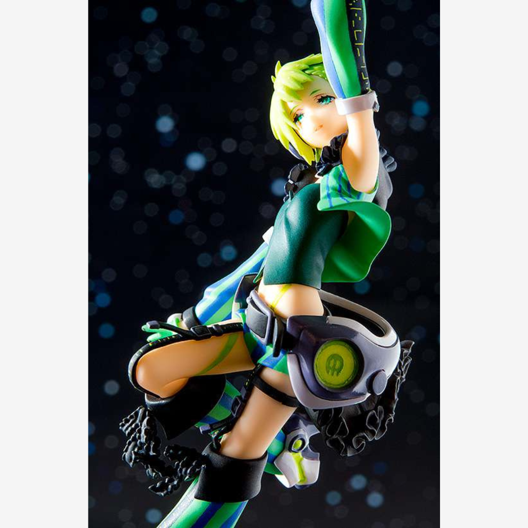 Model kit personaggio femminile futuristico verde e nero da assemblare, stile anime, dettagli curati, posa dinamica, senza colla o vernice.

