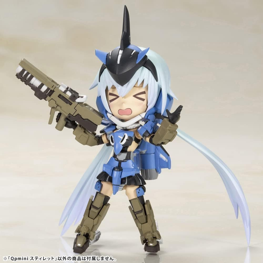 Box Qpmini Stylet Frame Arms Girl Kotobukiya, model kit chibi da assemblare senza colla, versione posabile mecha kawaii per collezionisti.







