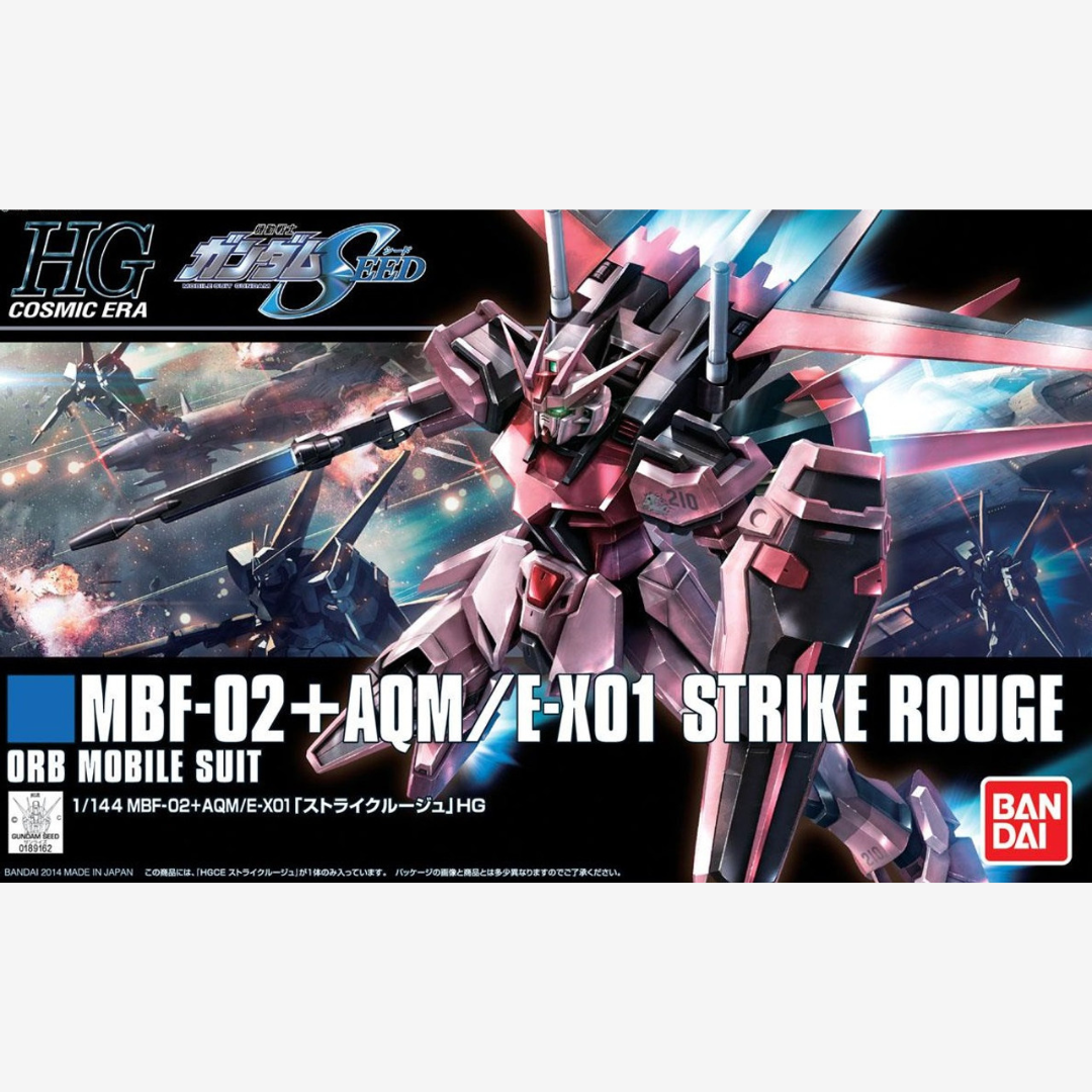 Gunpla Bandai HG 1/144 MBF-02+AQM/E-X01 Strike Rouge da Gundam SEED, kit da assemblare senza colla, mobile suit rosa iconico della Cosmic Era.







