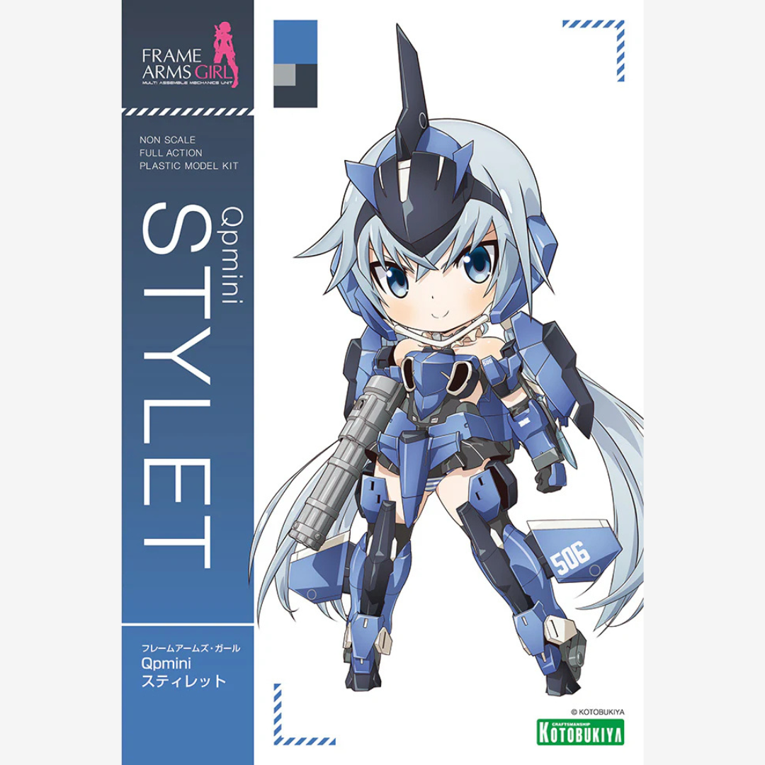 Box Qpmini Stylet Frame Arms Girl Kotobukiya, model kit chibi da assemblare senza colla, versione posabile mecha kawaii per collezionisti.







