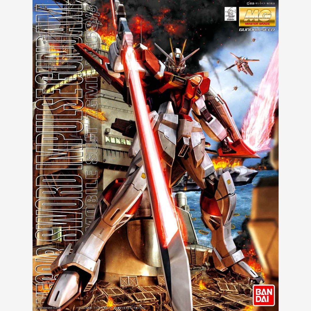 Box MG Master Grade Sword Impulse Gundam ZGMF-X56S/γ da SEED Destiny, kit Gunpla da assemblare con spada anti-nave e pose dinamiche da combattimento.