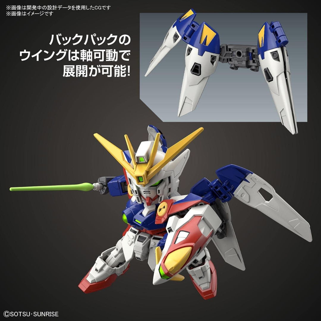 Gunpla SD EX-Standard Wing Gundam Zero Bandai con Twin Buster Rifle, ali mobili e accessori, kit da montare senza colla ispirato a Gundam Wing.
