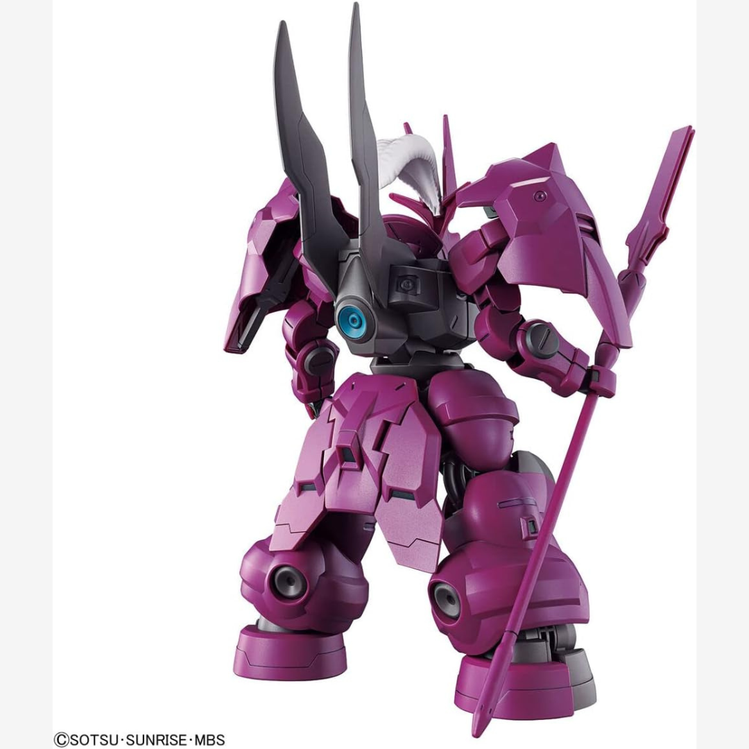 Box HG 1/144 Guel’s Dilanza Gunpla Bandai – modello da montare senza colla tratto da The Witch from Mercury con armatura viola e lancia energetica.

