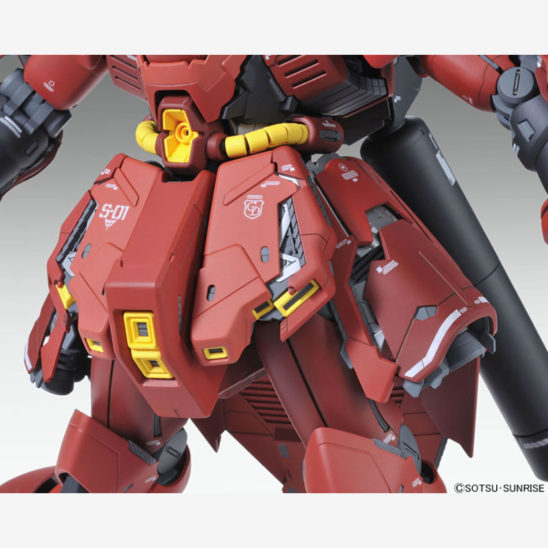 Dettaglio Gunpla RG 1/144 Sazabi Bandai – Mobile Suit Neo Zeon rosso, modello da montare senza colla, perfetto per fan di Char Aznable e collezionisti