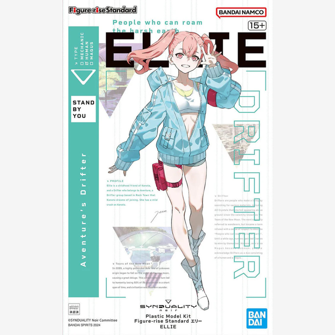 Model kit Bandai Figure-rise Standard Ellie da Synduality Noir, plastica precolorata, personaggio anime da montare senza colla in posa dinamica.







