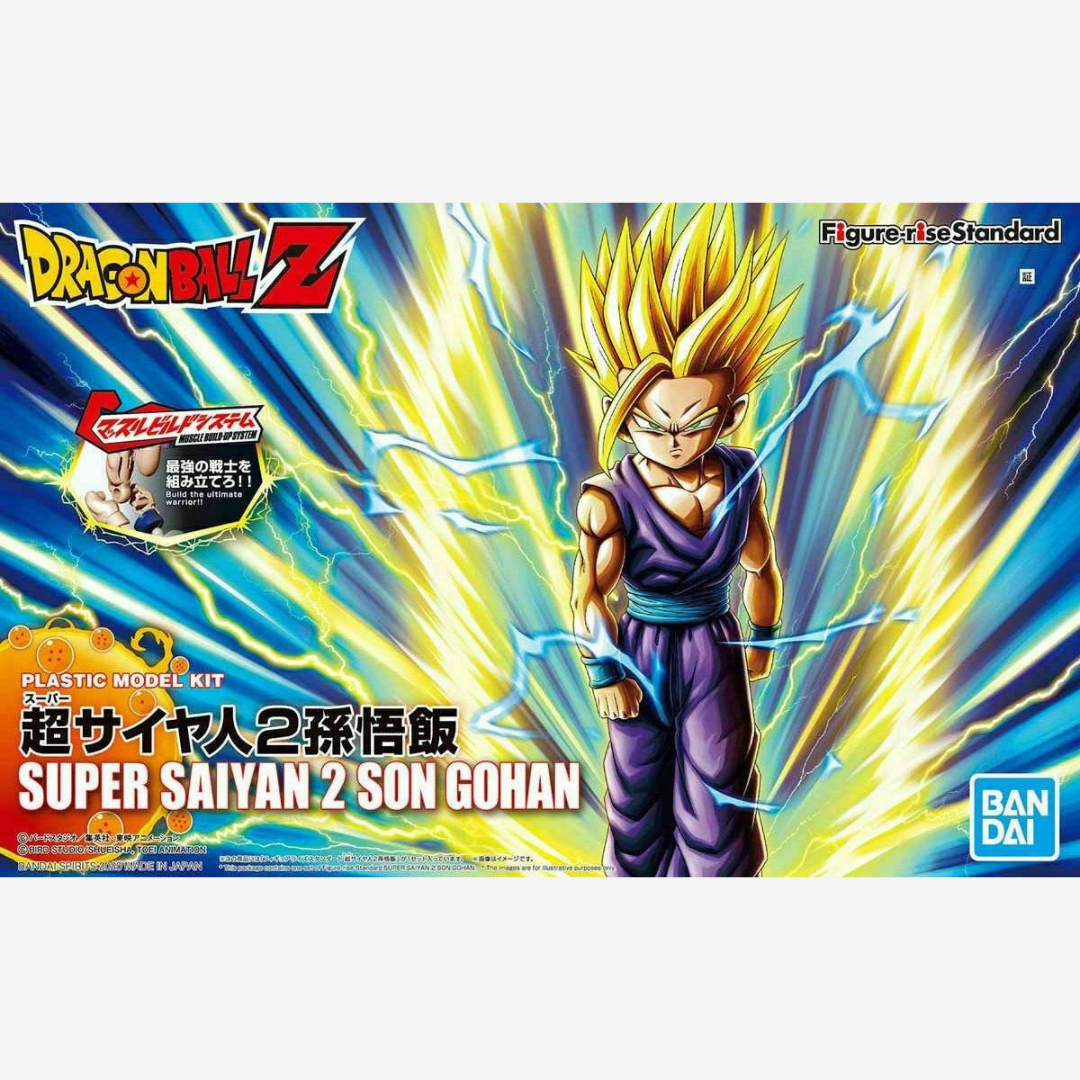 Box Figure-rise Standard Bandai Super Saiyan 2 Son Gohan da Dragon Ball Z, model kit anime da montare senza colla, ricco di dettagli ed effetti aura.







