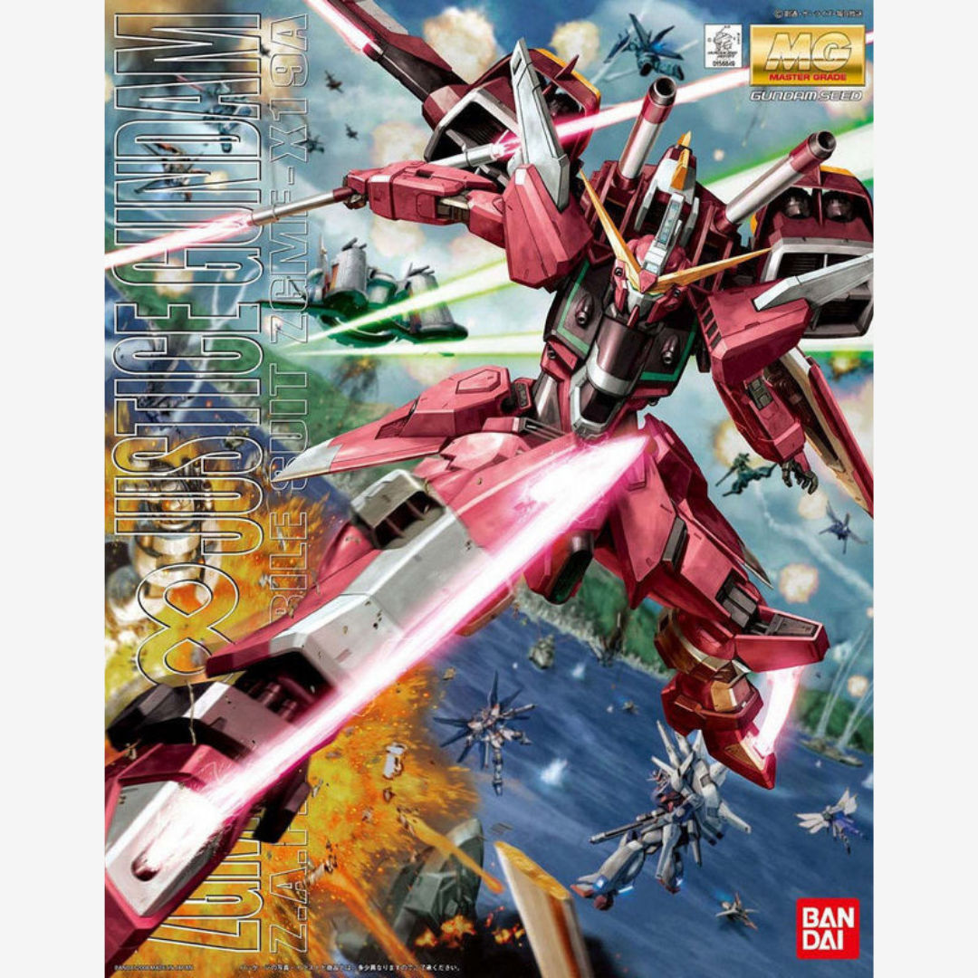 Box Gunpla MG ∞ Justice Gundam ZGMF-X19A Bandai, Master Grade da assemblare senza colla, con Fatum-01 e dettagli Cosmic Era realistici.