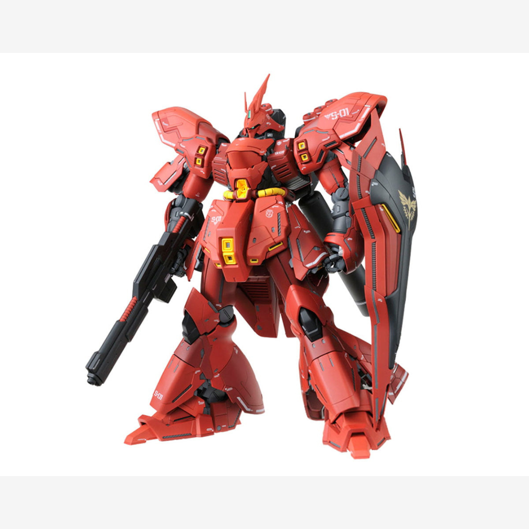 Dettaglio Gunpla RG 1/144 Sazabi Bandai – Mobile Suit Neo Zeon rosso, modello da montare senza colla, perfetto per fan di Char Aznable e collezionisti