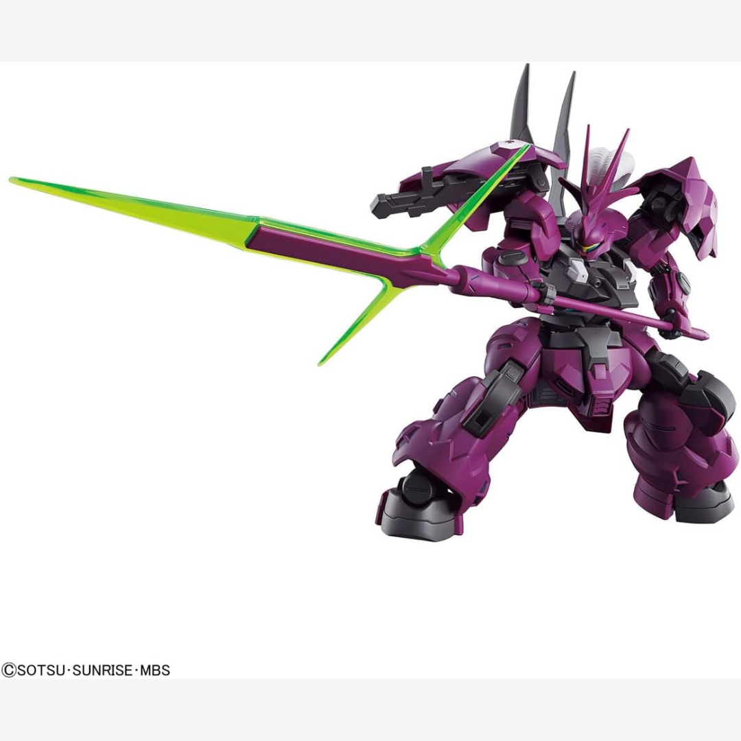 Box HG 1/144 Guel’s Dilanza Gunpla Bandai – modello da montare senza colla tratto da The Witch from Mercury con armatura viola e lancia energetica.

